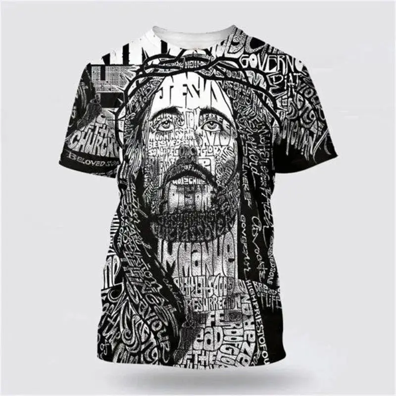Men's 3D-printed religious graphic T-shirt featuring Christ/Jesus and streetwear-style designs; short-sleeved, loose-fitting
