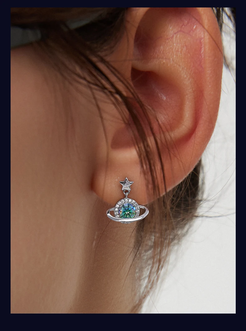 

Saturn Moissanite Earrings in Sterling Silver 18K Gold Plated - Unique & Luxury Design