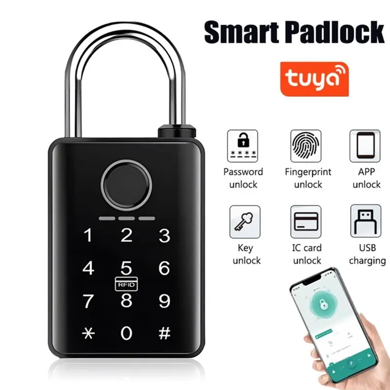 AT29-APP Controlled Tuya Smart Door Lock Fingerprint Padlock RFID Electronic Lock Password Card Key Unlock For Outdoor Gates
