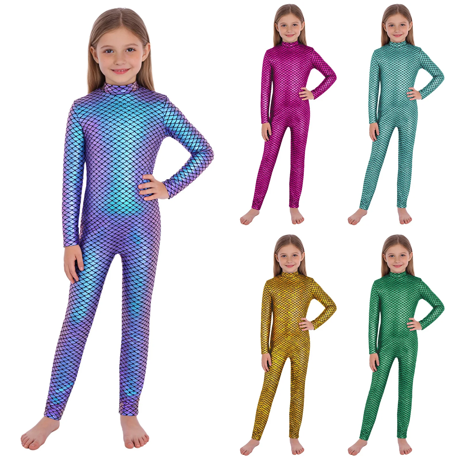 Kids Girls Metallic Fish Scales Jumpsuit Long Sleeve Zipper Shiny Bodysuit Ballet Dance Skating Gymnastics Leotard Unitards image 4