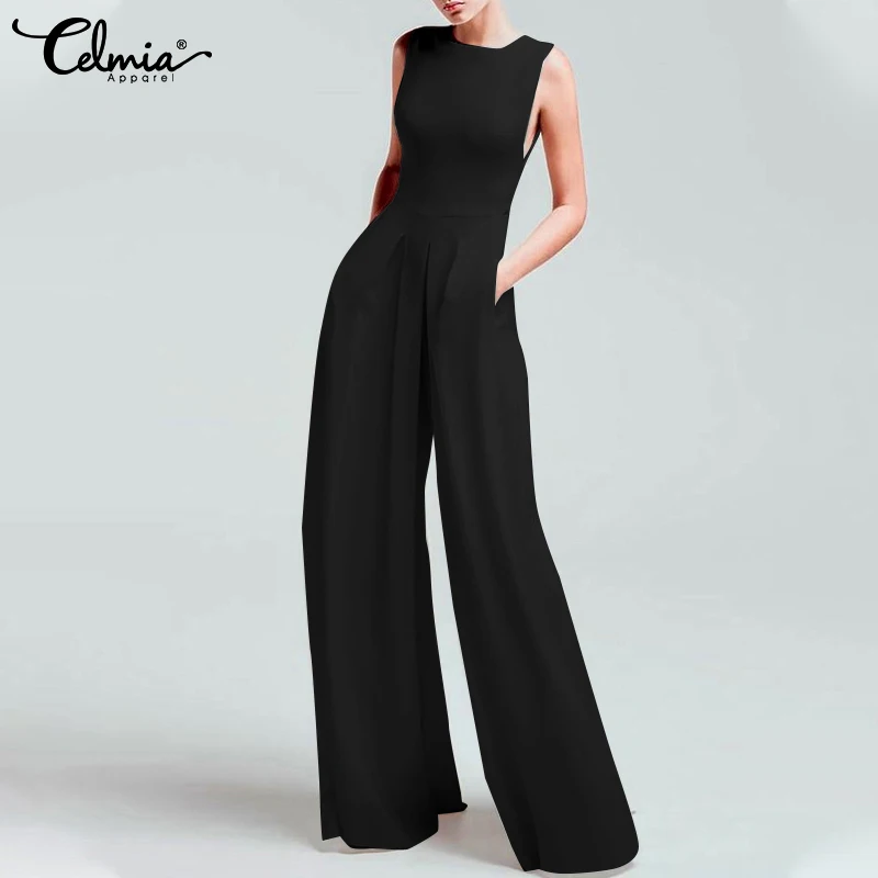 Celmia Elegant Slim Wide Leg Pants Overalls 2023 Fashion Pleated Casual Pockets Long Rompers Women Summer Sleeveless Jumpsuits