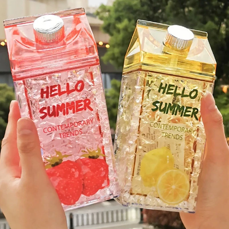 Water Bottle Square  Straw Cold Drink Cup Summer Student Drinking Cup Outdoor Ice Plastic Water Bottle Ladies Cup