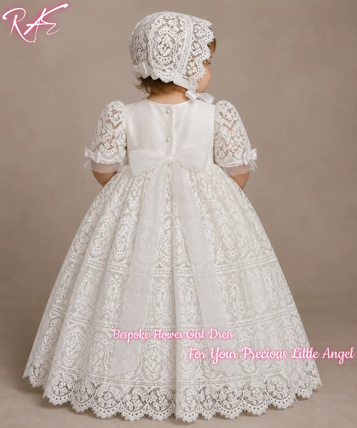 Vintage White Lace Flower Girl Dress For Wedding Baptism Birthday Puff Short Sleeves A Line Floor Length Gown With Delicate Bow