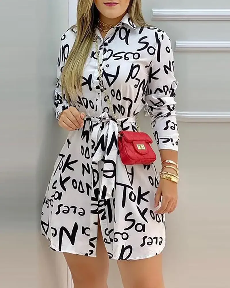 Women Elegant Dress Letter Print Long Sleeve Casual Shirt Dress Summer Vacation Dress For New Year 2023 vestidos de fiesta