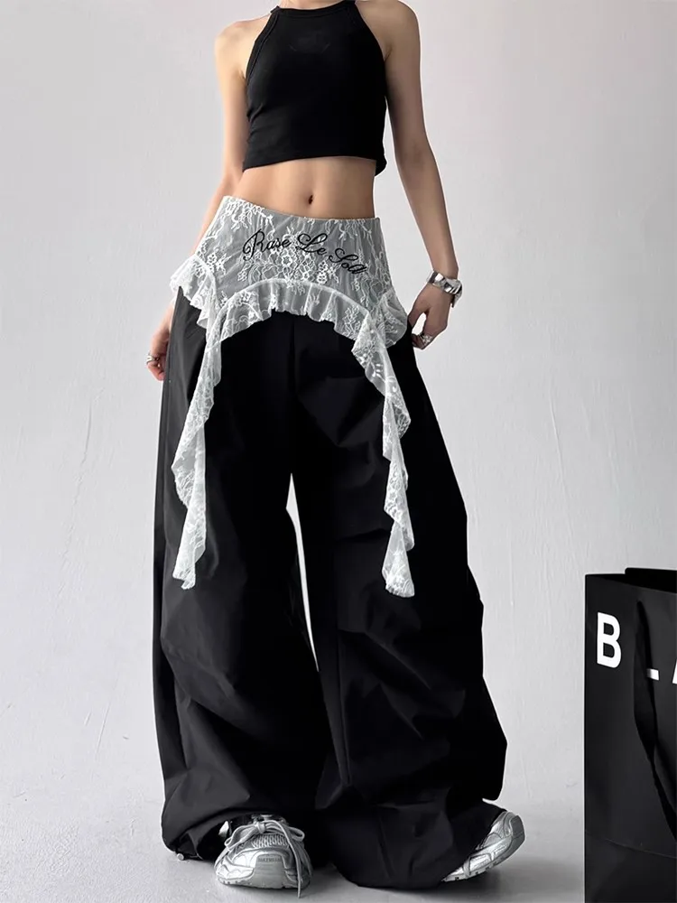 กางเกงขายาวทรงตรงสไตล์ลำลองสำหรับผู้หญิง ผ้าบางเบา เหมาะสำหรับฤดูร้อน แต่งผ้าลูกไม้แบบอเมริกัน ทรงขากว้าง สไตล์ชุดทำงาน