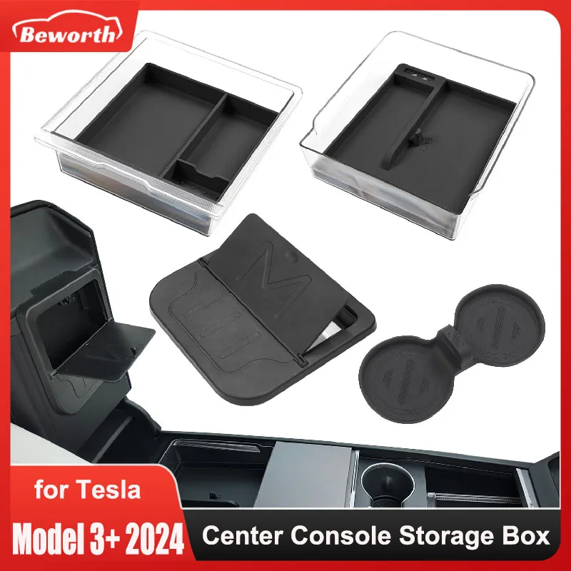 Central Control Storage Box for Tesla Model 3 Highland 2024 Transparent Armrest Hidden Box Silicone Pad Cup Holder Accessories