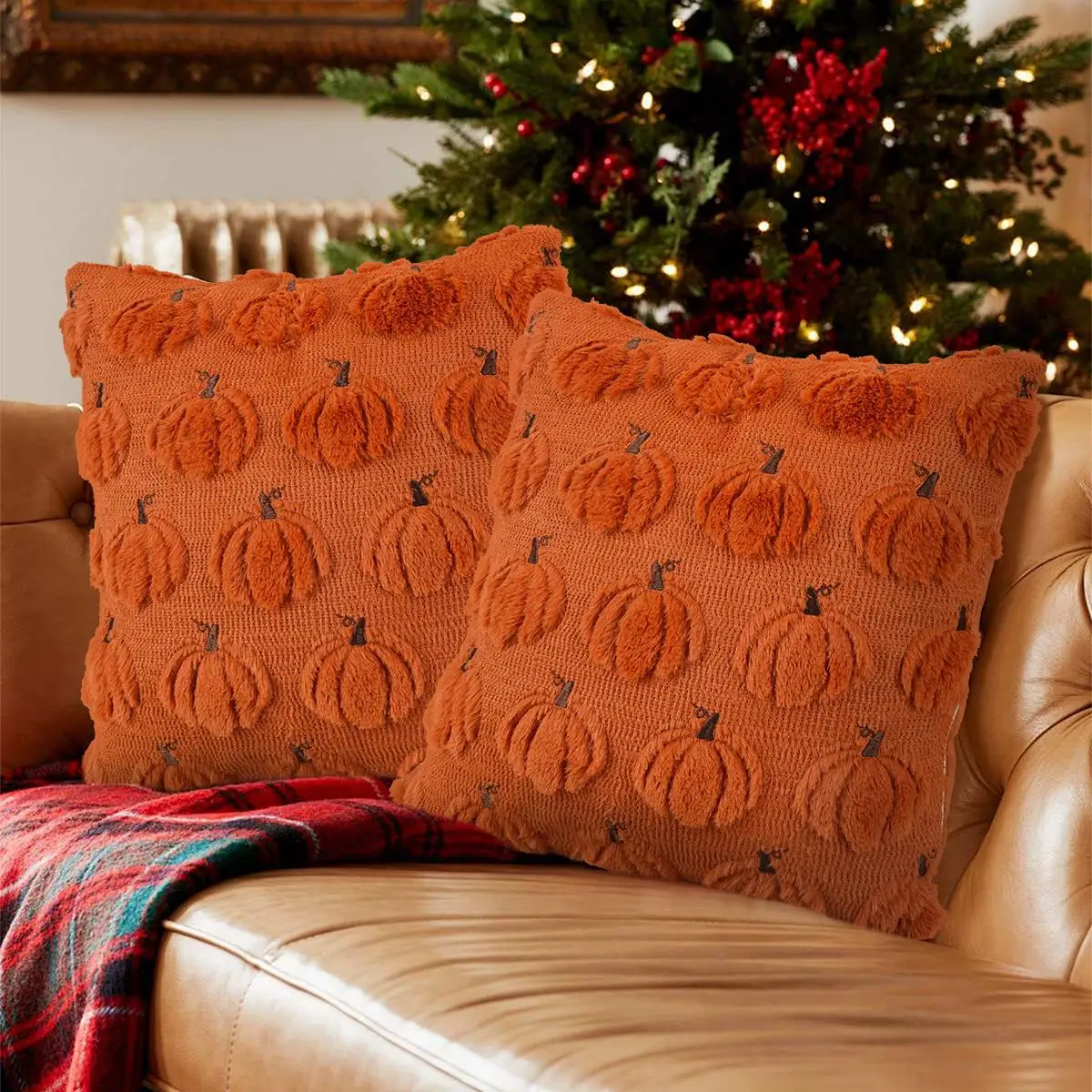 Ghost Pumpkin Plush Faux Fur Pillow Covers Soft Halloween Decor for Sofa Couch Bed Living Room White Orange Pillowcases 45x45CM