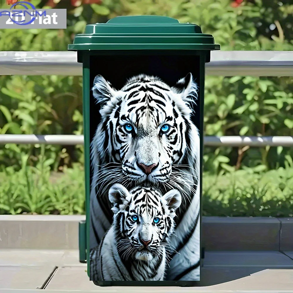 2D Flat White Tiger Mother and Cub Bond Trash Can Sticker – Waterproof, Majestic and Heart-Touching, Wildlife-Themed, Bin Deco