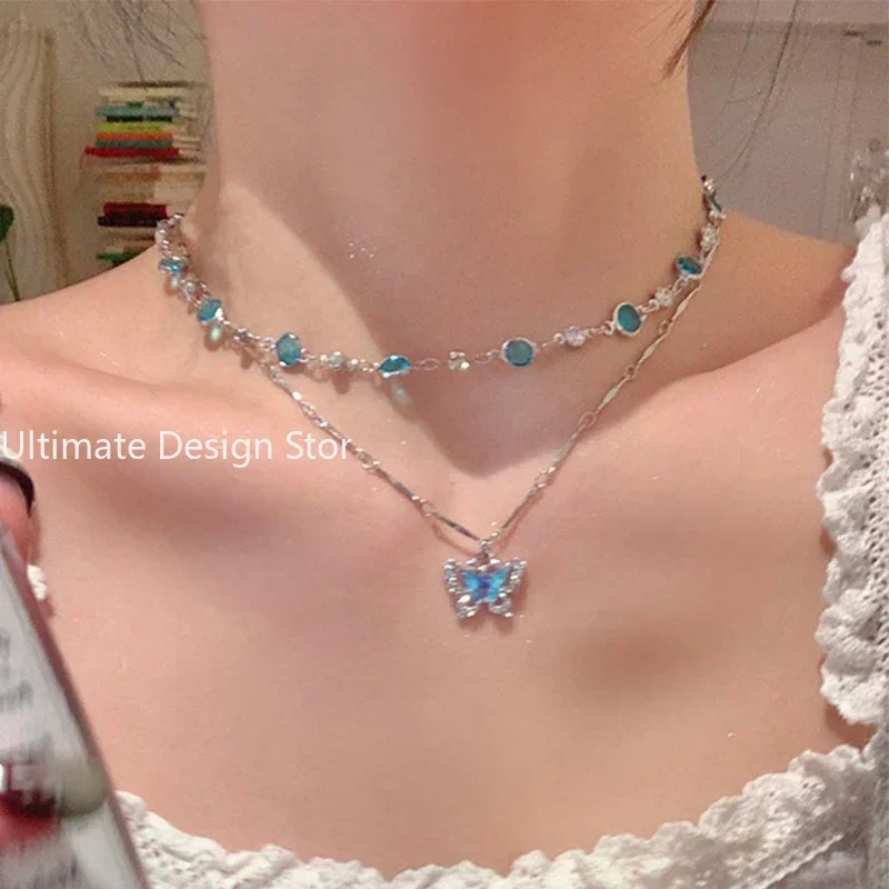 Romantic Blue Crystal Butterfly Necklace for Women Girls Simple Shiny Zircon Bilayer Choker Clavicle Chain New Fine Jewelry