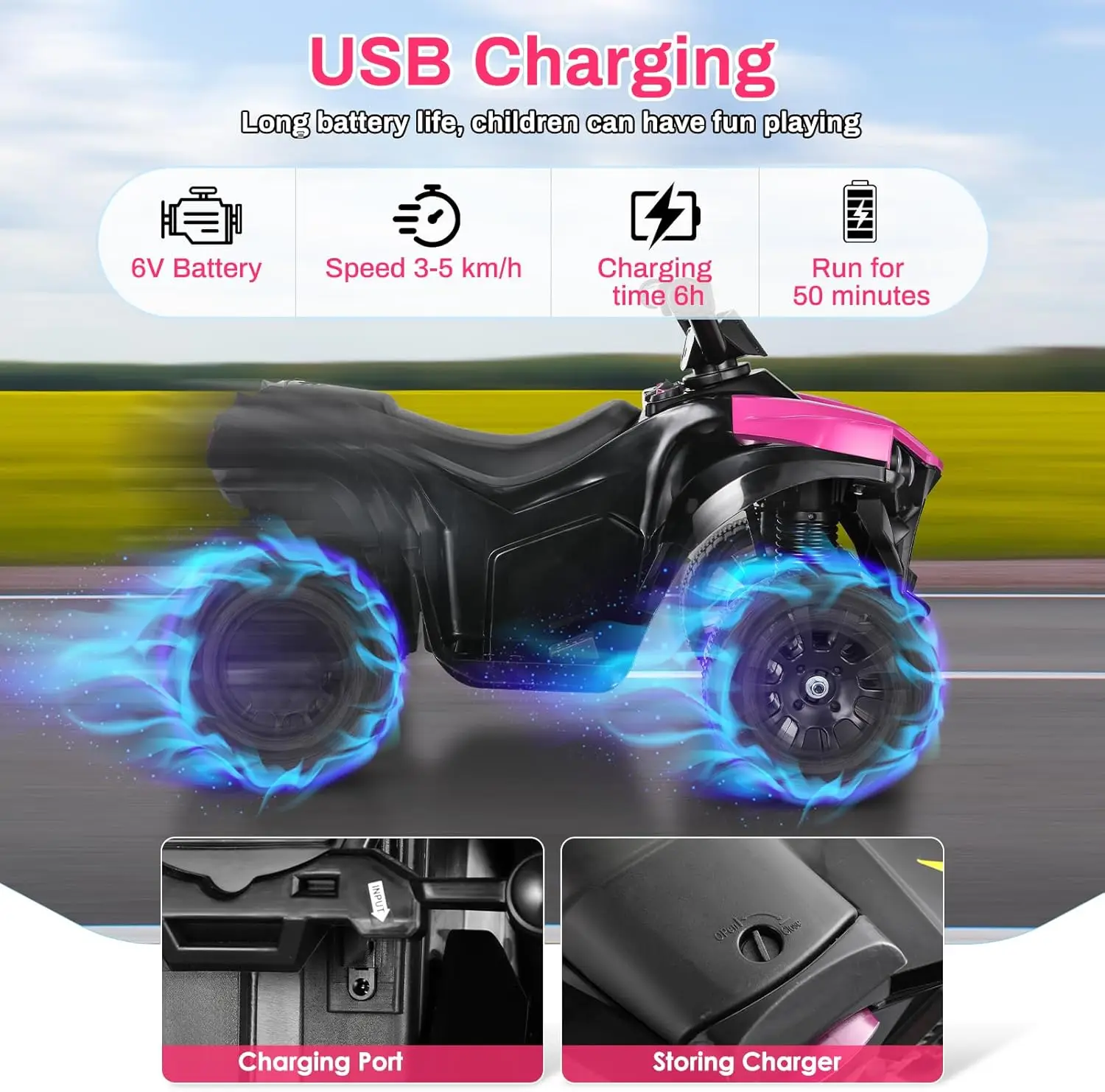 Los niños viajan en el coche cuádruple todoterreno eléctrico ATV con batería de 6 V con música, luz, rosa