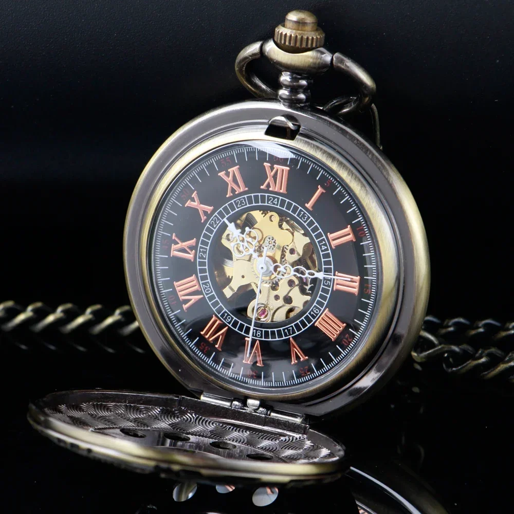 Hollow Roman Numerals Display Mechanical Pocket Watch Hand-Winding Luxury Vintage Pocket Chain Clock Gift Male