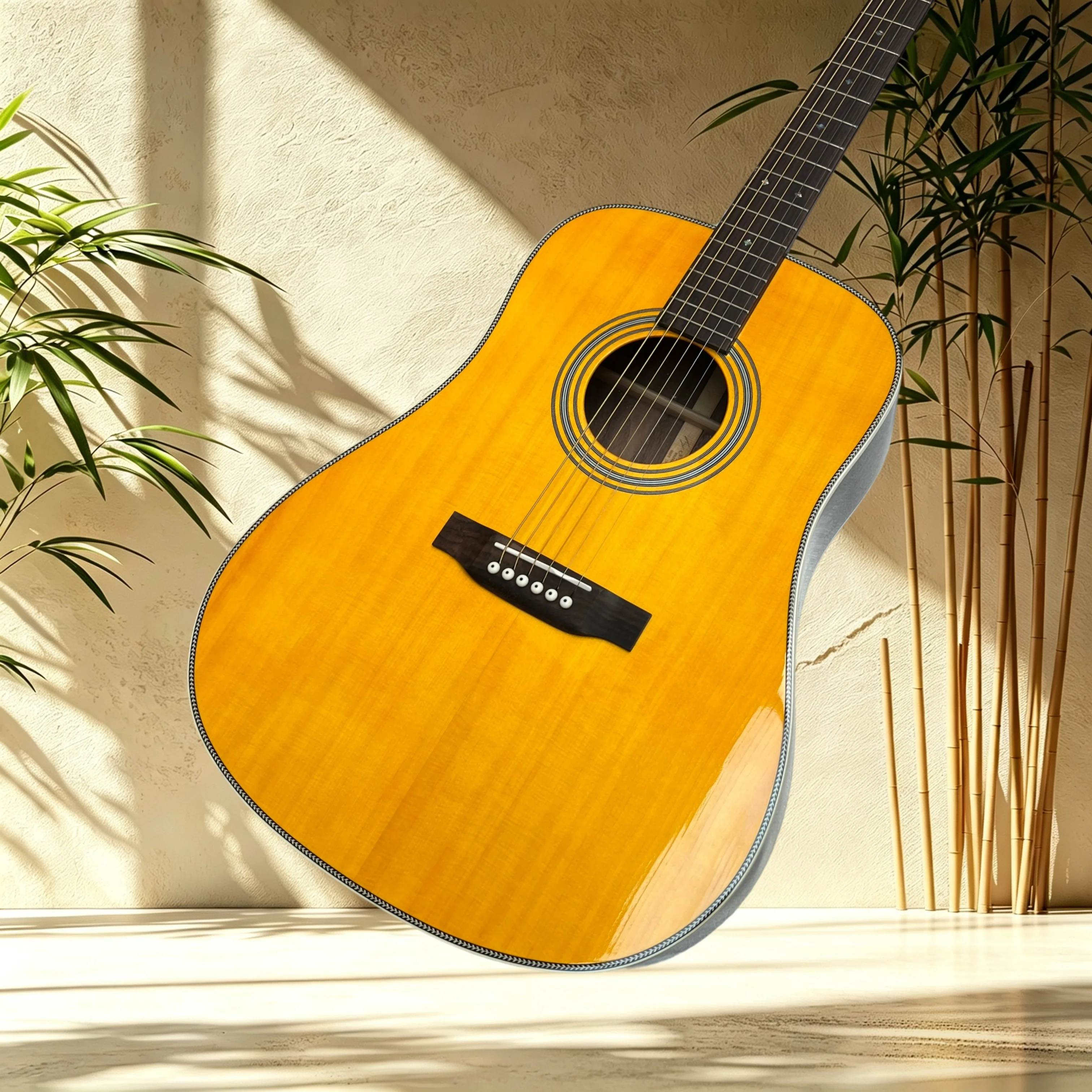 41 Inch HD28 Vintage Yellow Acoustic Guitar Spruce Top Rosewood Back Side Multi Ring Soundhole Shell Binding Singing Fingerstyle