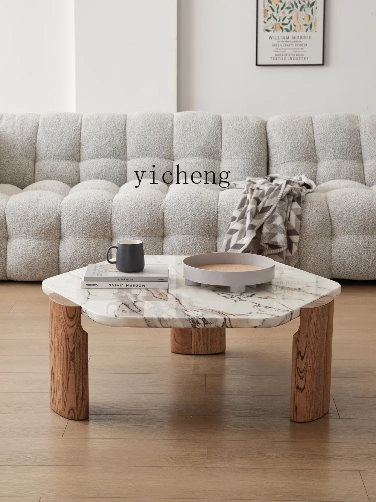 

TQH Terrazzo Coffee Table Solid Wood Black Walnut Small Apartment Designer Special-Shaped Marble round Tea Table