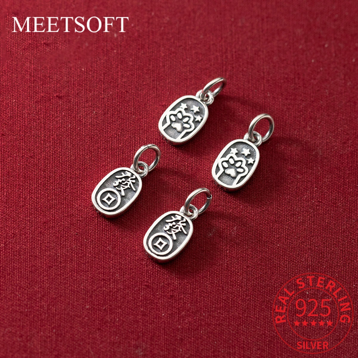 MEETSOFT Trendy 925 Sterling Silver Retro Ancient Coin Letter Cat Paw Printing Pendant Charms of DIY Handmade Making Supplies