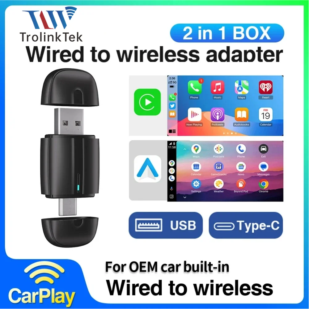 

TrolinkTek Dual Interface Wireless CarPlay/Android Auto Wireless USB/TYPE-C Adapter Smart Mini Box Plug Fast Connect Universal