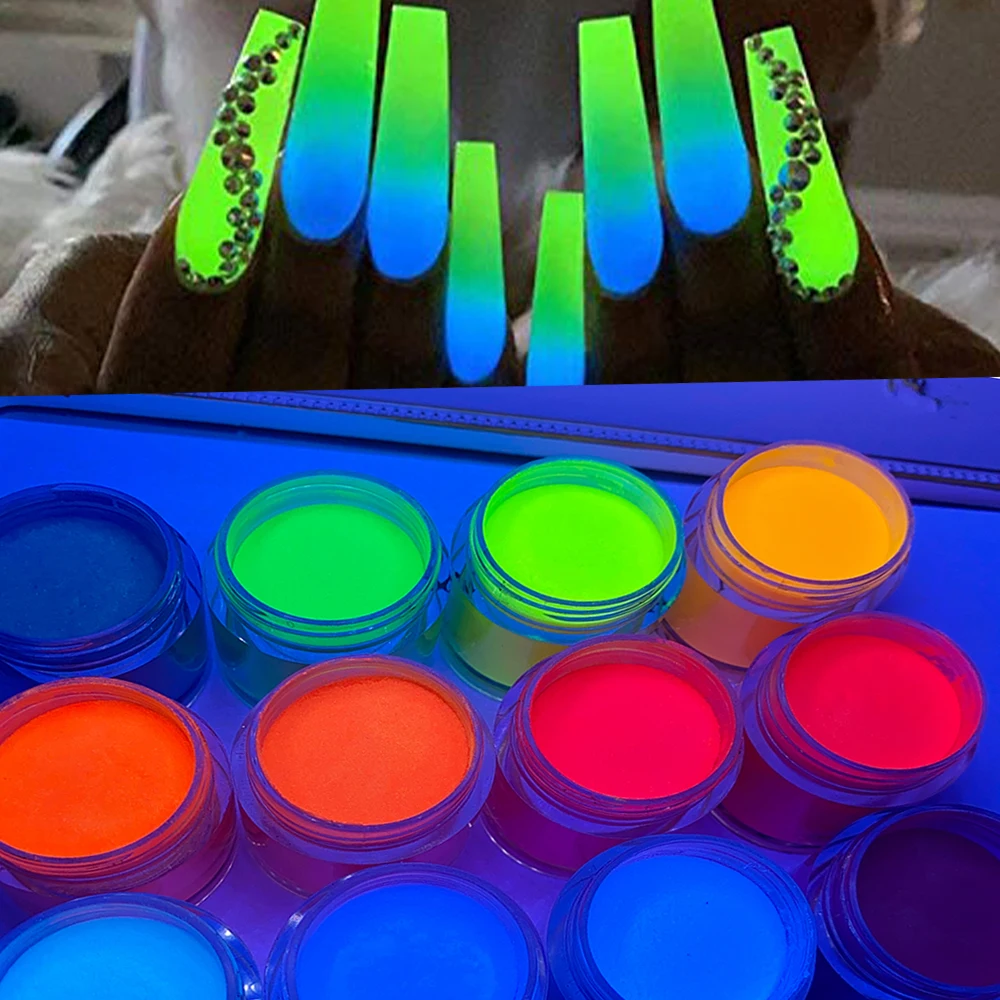 12 Słoików Świecących w Ciemności Neonowo Zielonych Akrylowych Pudrów do Paznokci na Halloween, Akrylowy Proszek do Przedłużania Paznokci, Zestaw do Zanurzania w Pudrze