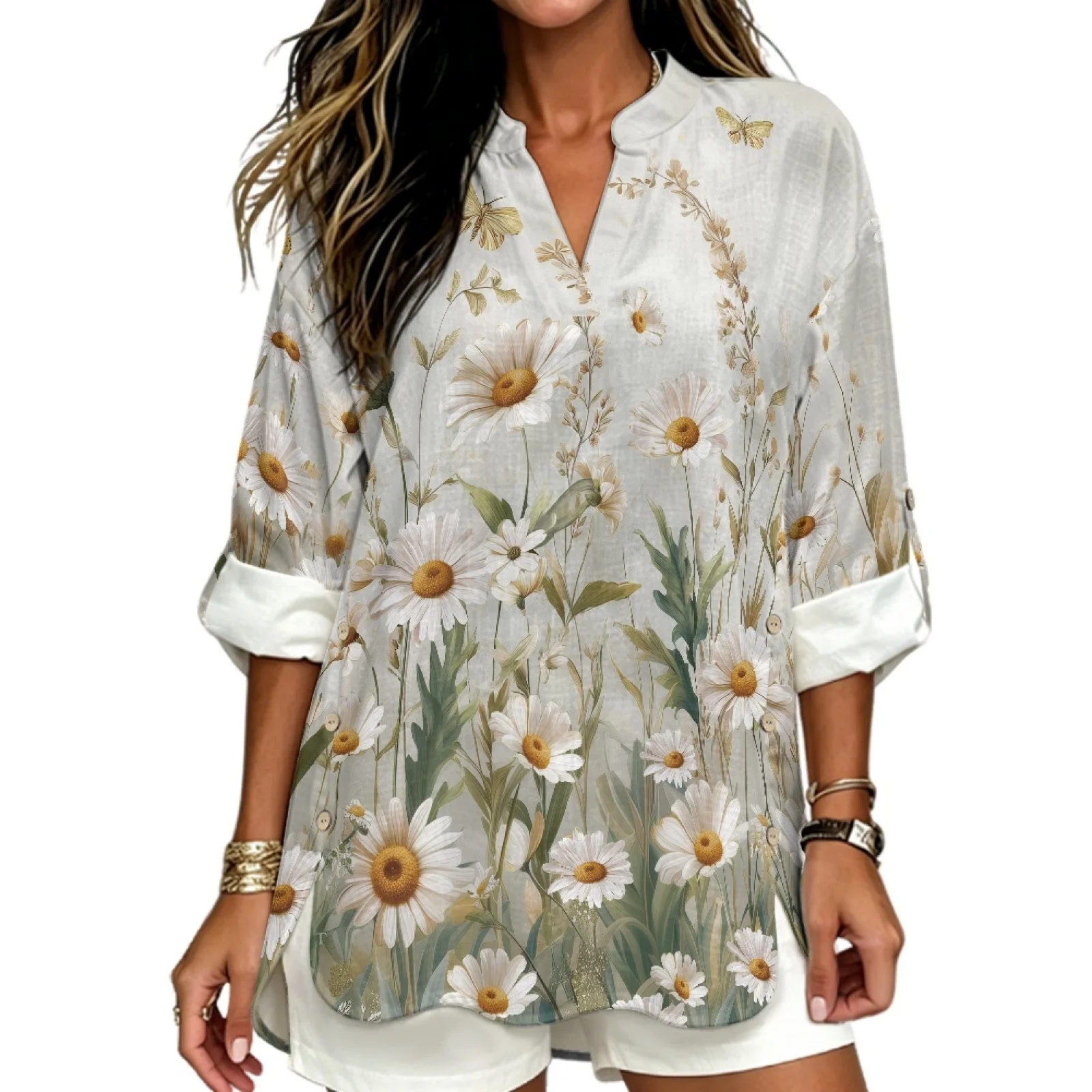 PENSTROLL Daisy Field Garden Linen Style Casual Blouses Pullover Long Sleeve Blouse for Womens Sizes S-5XL