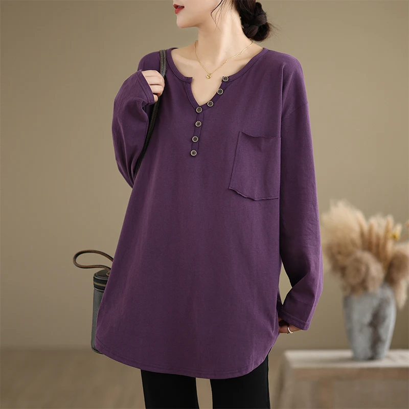 Cseta Hoada de Manga Larga con Cuello en V y Bolsillo para Mujer, Color Sólido, Estilo Casual, Cseta Interior, Otoño ...