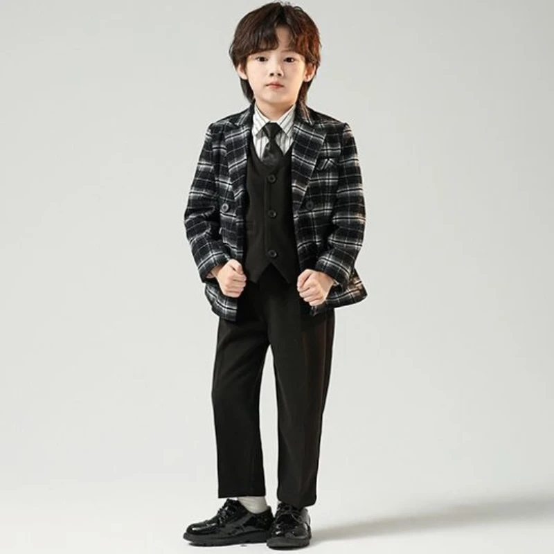 Boys British Style Suit Set Spring Autumn Blazer Jacket Pants Smart Formal Outfit For Kids Children