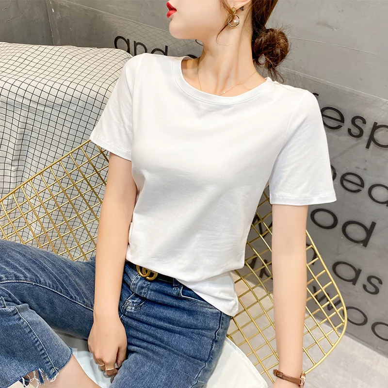 Cotton White T-shirt Women Short Sleeve Loose Thin Section Bottom Shirt Inside Solid Color Slim Tops Blouse