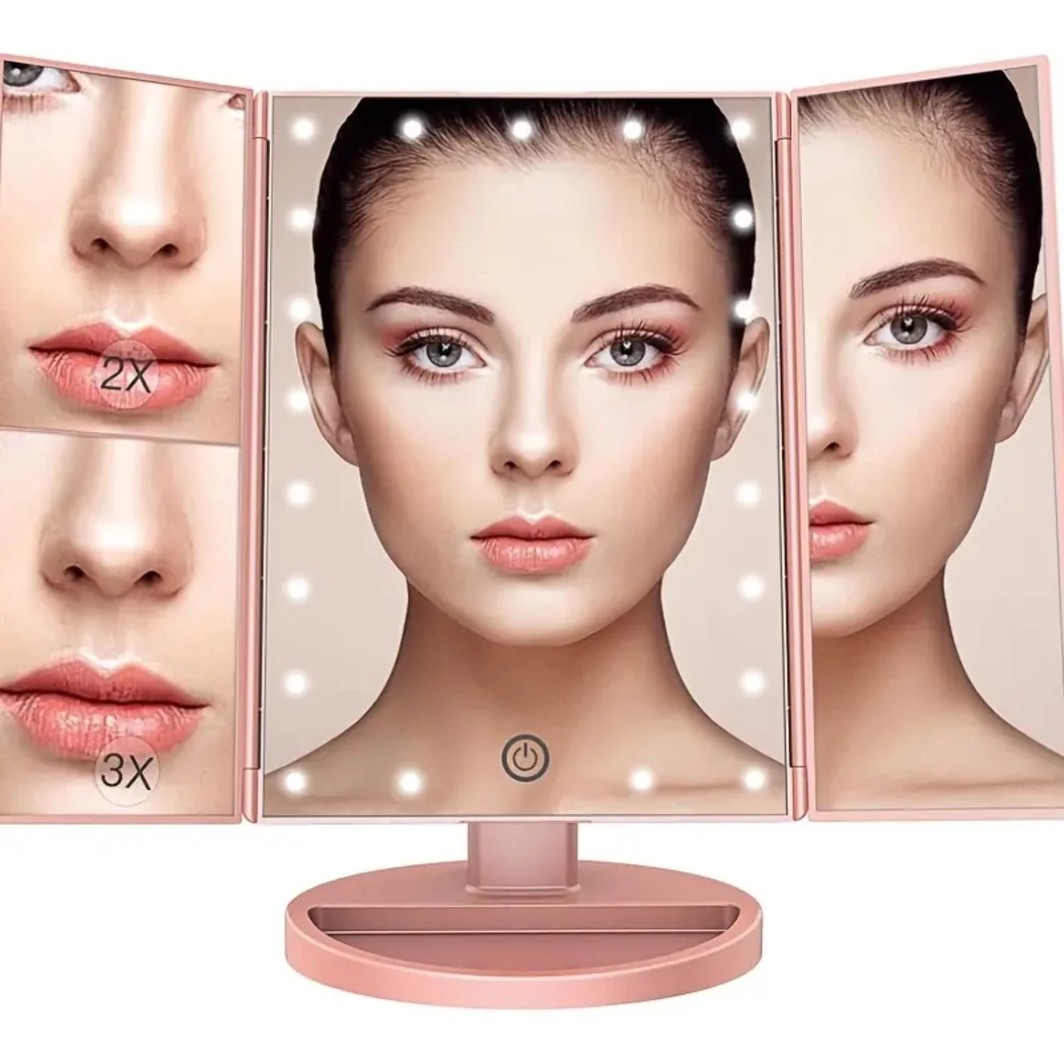 

Portable Tri-fold Lighted Vanity Makeup Mirror with 3x/2x/1x Magnification, Bright LEDs Light and Easy-to-Use Touch Screen Techn