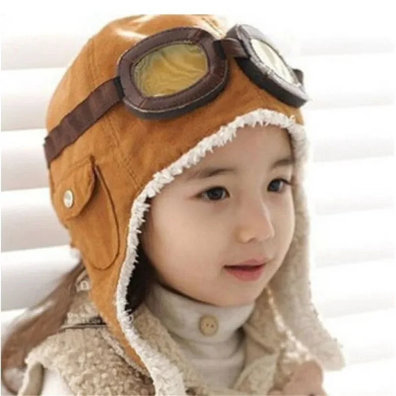 1-4Y Winter Warm Baby Toddler Boys Girls Kids Pilot Aviator Hats Unisex Adjustable Solid Color Cap Hat Beanie Brown Black