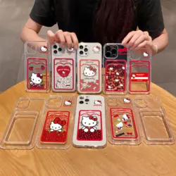 Cartoon Hello Kitty Hot New Red Card Hold Case For iPhone 15 14 13 12 11 Mini Pro Max X XR XSMax 7 8 Plus Anti-fall Clear Cover