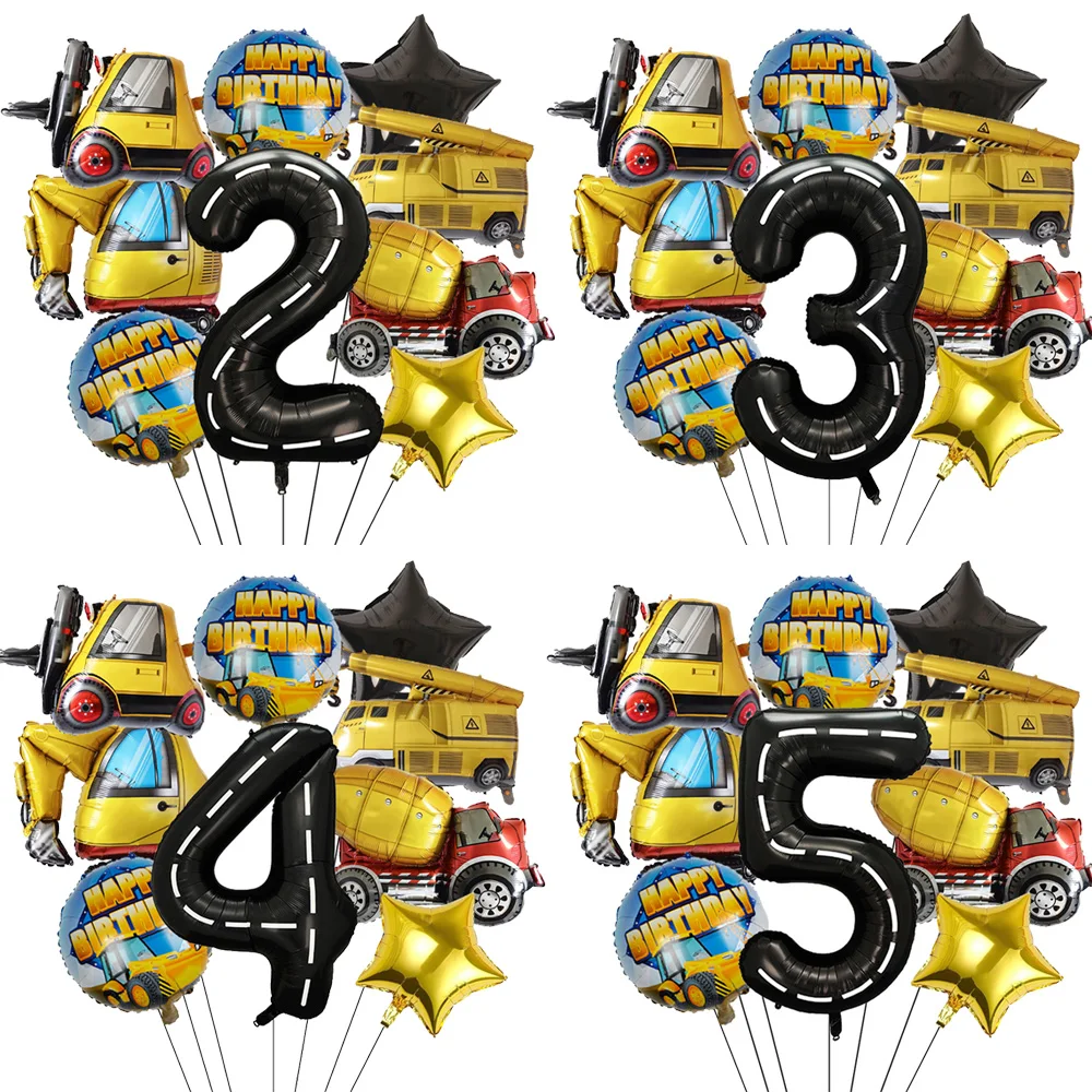 9pcs/Set Construction Decoration Balloon 42inch Number Foil Baloon Kids Boys Bulldozer Tractor 2 3 4 5th Birthday Party Supplies