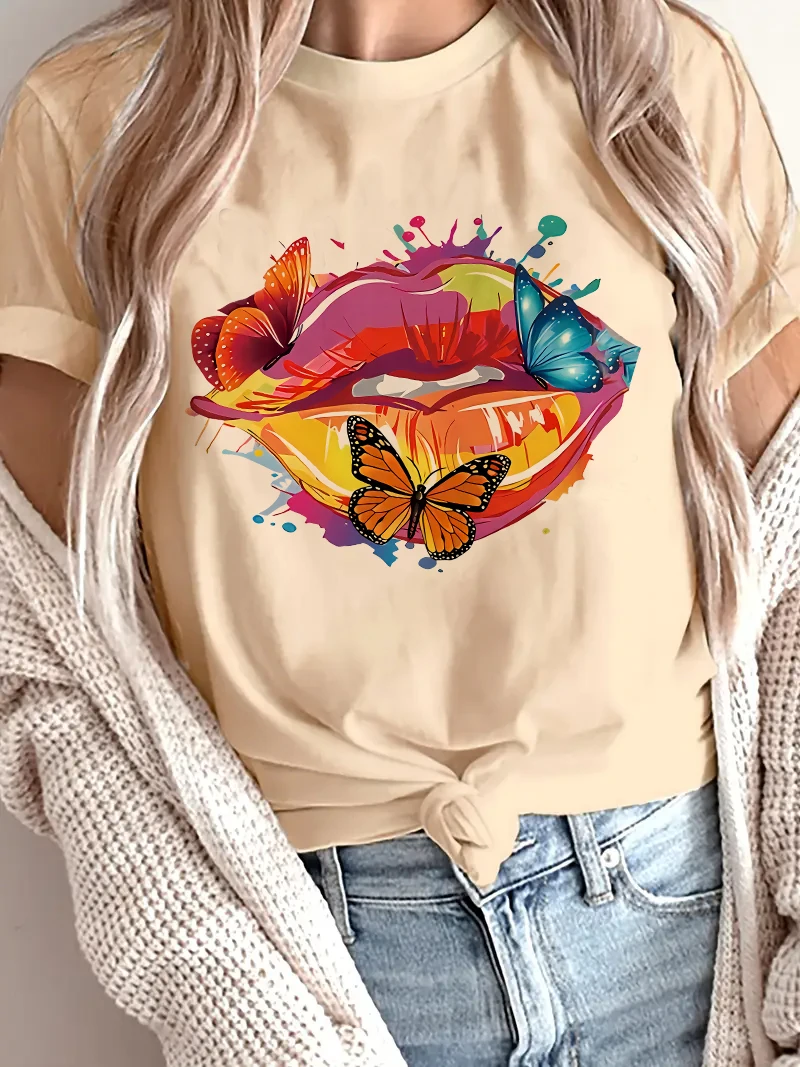 Vintage-Lippen mit bunten Schmetterlingen, lässiges Y2k-Mode-T-Shirt, kurzärmeliges T-Shirt, Kleidung, Top, T-Shirt, Sommer-Shirt für Damen und Mädchen