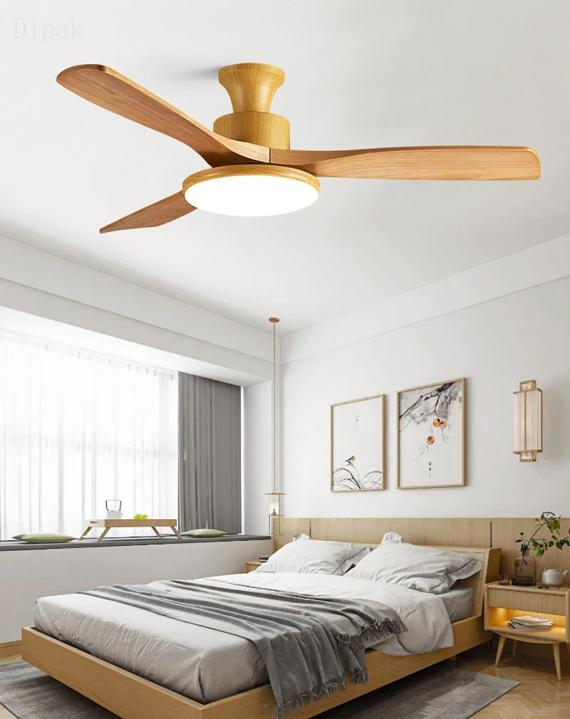 

Three leaf and five leaf solid wood LED fan lights high-end remote control living room study room restaurant ceiling fan light