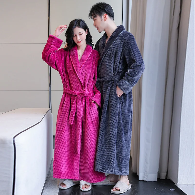 

Autumn Winter Thick Flannel Couple Pajamas Nightgown Bath Robe Kimono Bathrobe Fleece Loungewear Sleepwear Warm Robes Belts