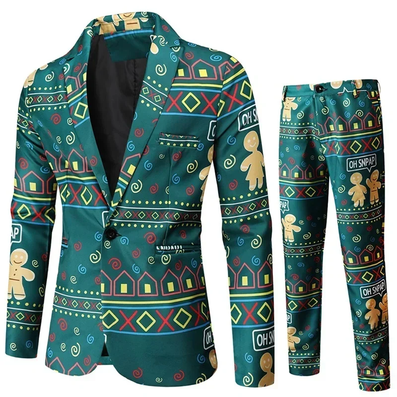 Men Tuxedo Suits Christmas 2 Piece Regular Fit Suit Snowflake Santa Print Blazer Jacket Pants Suit Set Party Outfits