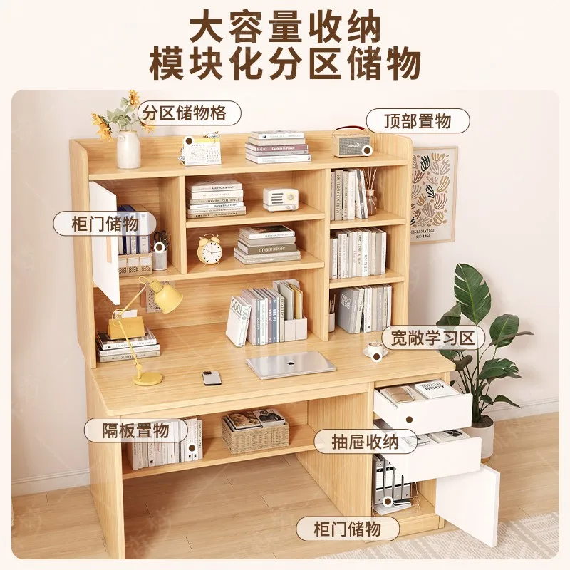 Desk bookshelf integrated table with bookcase solid wood desktop computer desk home bedroom student study table