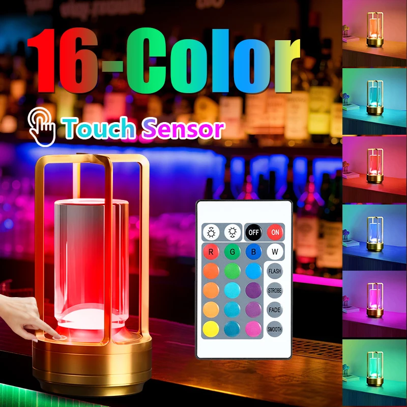

16-цветная настольная лампа с сенсорным датчиком, ночник, перезаряжаемая настольная лампа для спальни, беспроводной пульт дистанционного управления, лампа для чтения, ресторан-бар