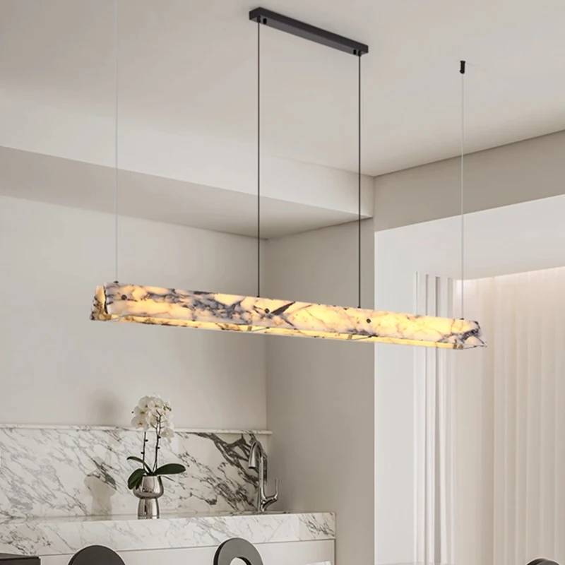 Natural Art Marble Long Strip Minimalist Chandeliers Hanging Lamp Adjustable Height table Dining Bar Luxury Pendant Lights