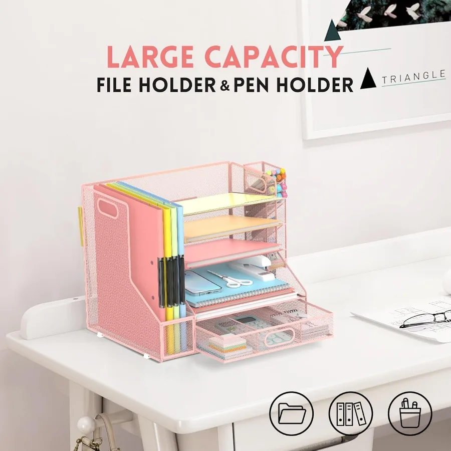 5-Tier Mesh Desk Organizer with File Holder Pen Holder and Sliding Drawer for Efficient Desktop Storage of Office Supplies and