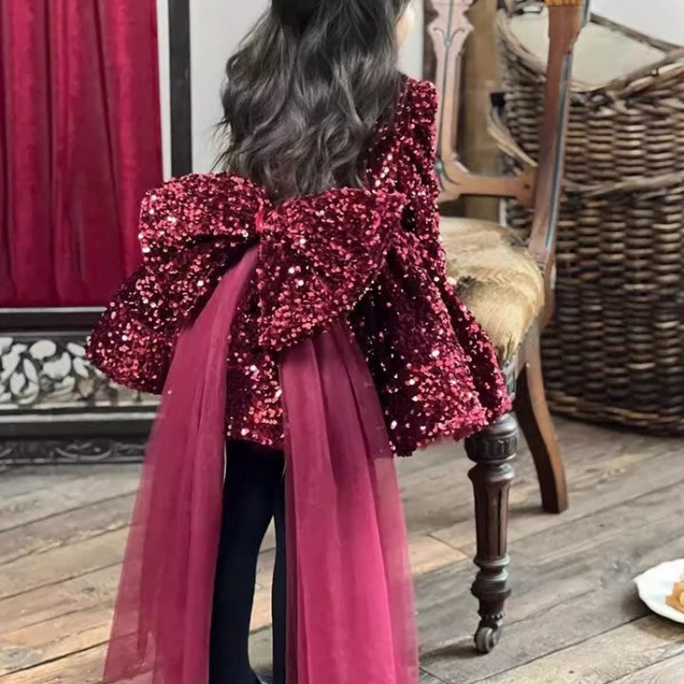 Baby Girl Princess Sequins Tulle Dress Sleeveless Infant Toddler Girl Vintage Bow Vestido Party Pageant Birthday Frock