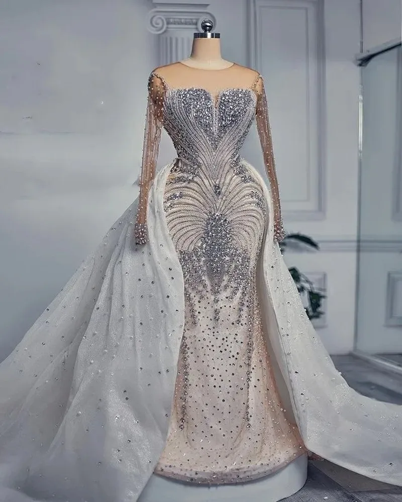 

2024 Luxury Mermaid Wedding Dresses Detachable Train Beaded Crystals Bride Bridal Gowns Arabic Aso Ebi Vestidos De Novia