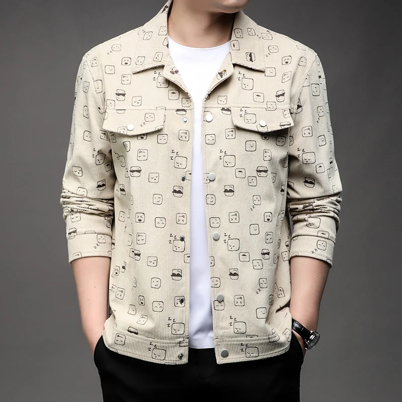 

Trend Doodle Men Jacket Autumn Winter Printing Add Plush Warm Casual Coat Fashion Versatile Male Versatile Cargo Top Clothes New
