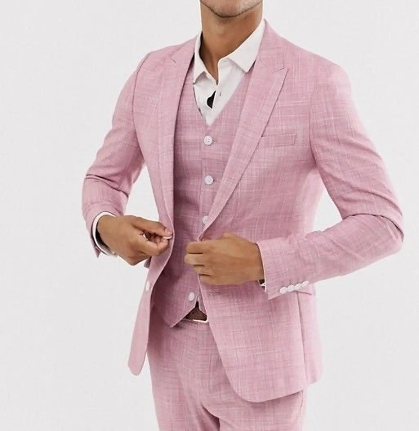 Pink Linen musim panas setelan pernikahan untuk pria Slim Fit mode pengantin laki-laki tuksedo kustom 3-Piece jaket + celana + rompi Terno Masculino