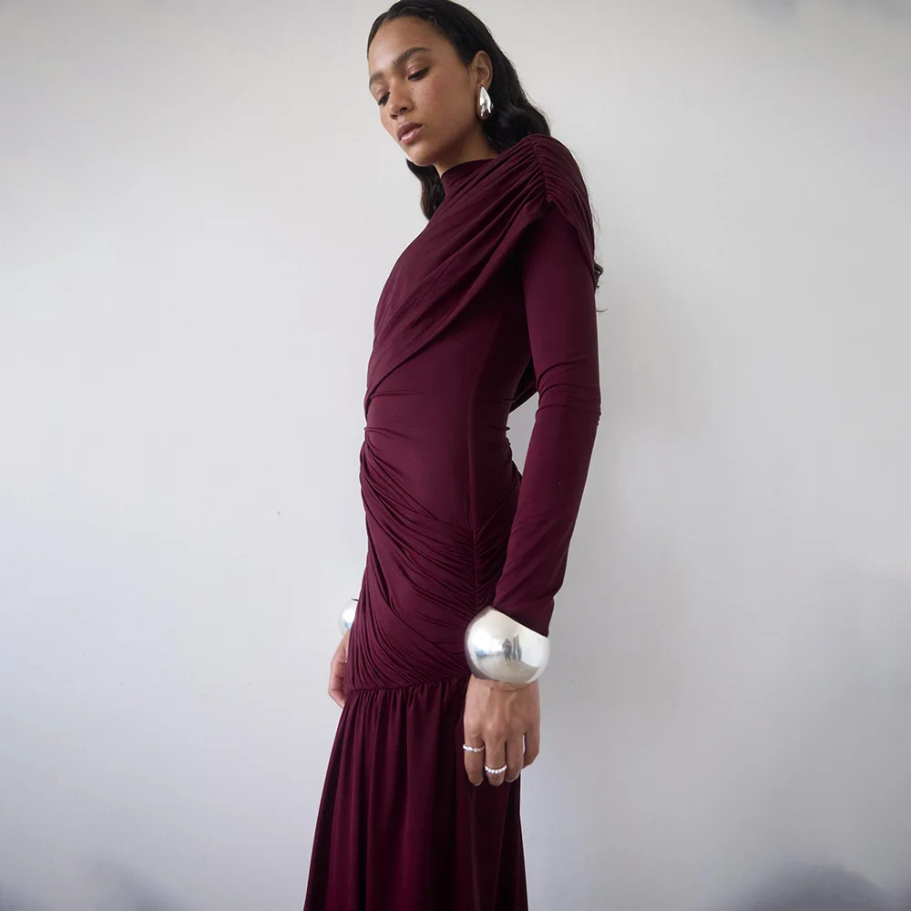 ชุดเดรสผ้าพลีททรงเอ แขนยาว คอทรงกลม สีพื้น สไตล์ยุโรปและอเมริกา สำหรับผู้หญิง พร้อมริบบิ้นตกแต่งแบบไม่สมมาตร