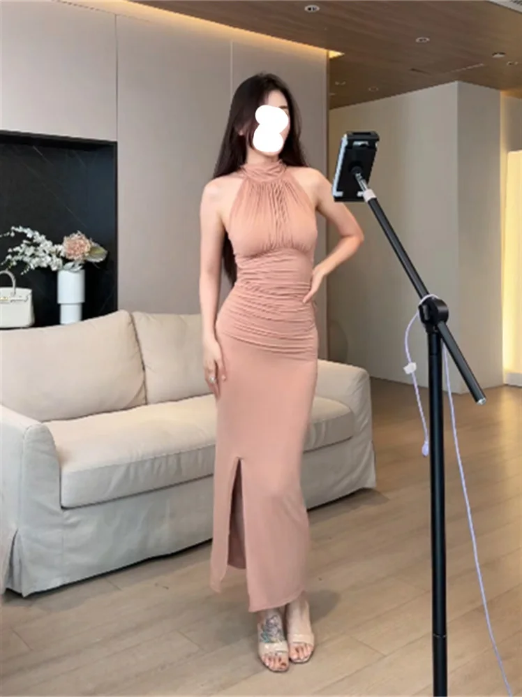 Amerikanisches Retro-Side-Split-ärmelloses lila Neckholder-Bodycon-Kleid für Frauen Nische Sexy schulterfreies rosa Kleid Party-Abendkleid