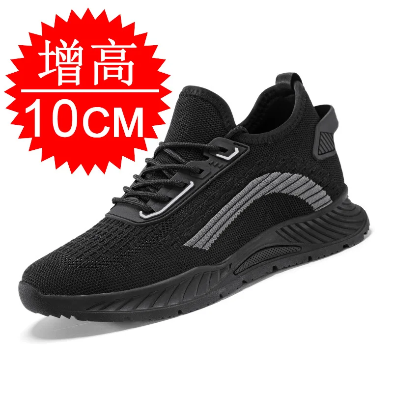 Chaussures de course noires invisibles pour hommes, rehaussantes de 8 cm, respirantes, à empeigne en maille tendance, semelle épaisse de 10 cm, chaussures décontractées à talon compensé