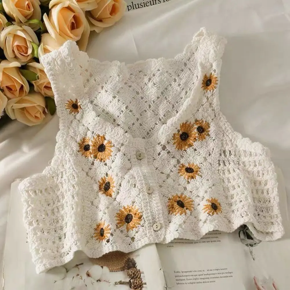 New Women Hollow Sleeveless Suspender Cotton Summer Sweet Crochet Vest Floral Embroidery Beach Front Crop Tops
