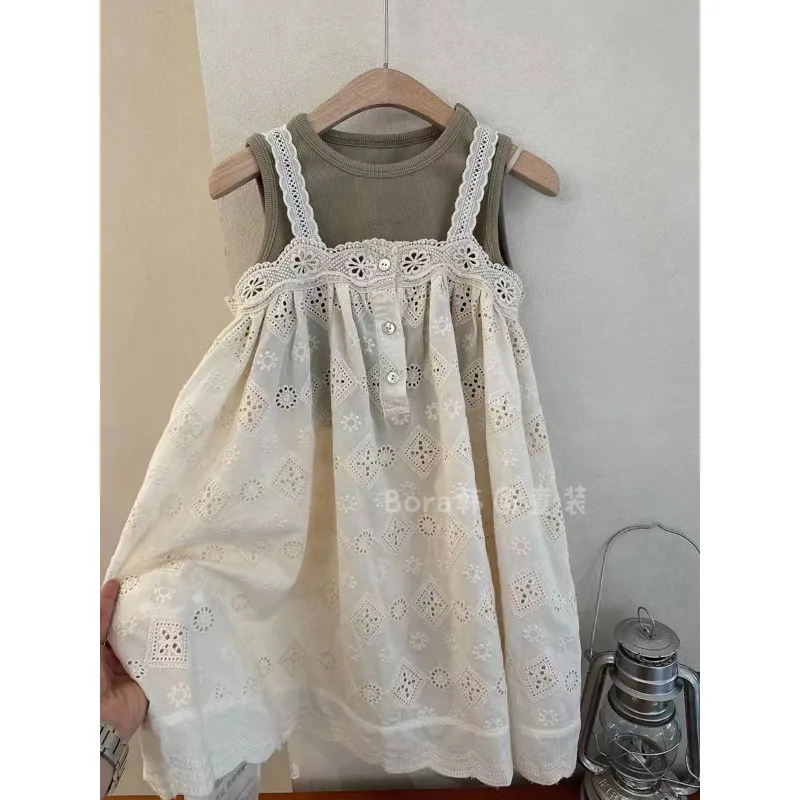 

Платье для девочек, весна-осень-лето, детская мода, повседневный жилет, белое удобное длинное платье на бретельках, милый комплект из двух предметов