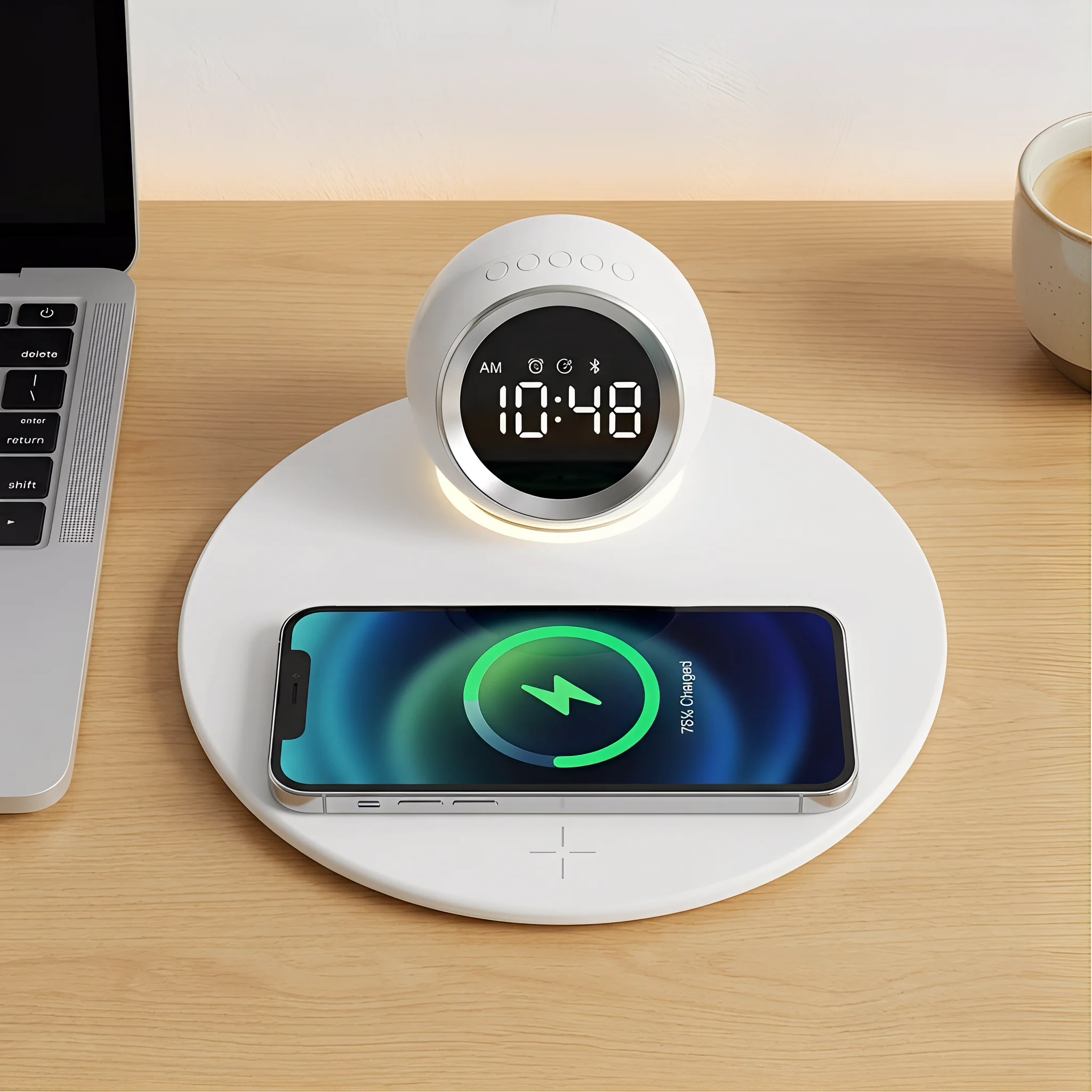 

Wireless Charging Dock with Alarm Clock & Night Light | Minimalist Design & Adjustable Brightness