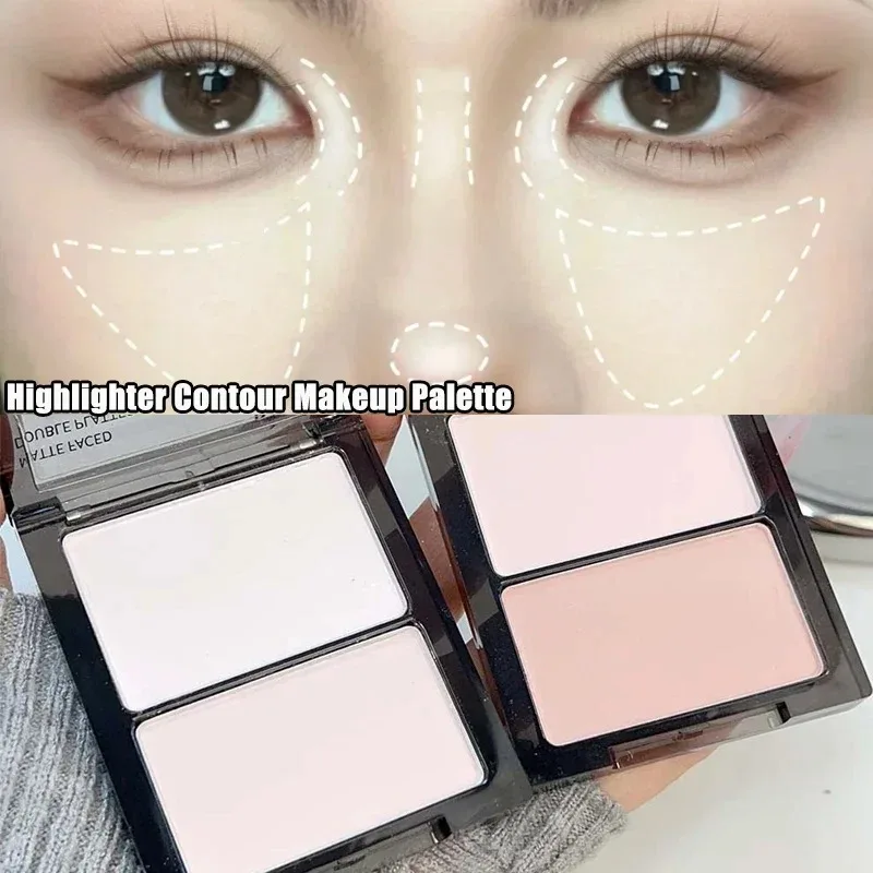 매트 화이트 하이라이터 컨투어 팔레트, 2 색 지속, 내추럴 브라이트닝 세팅 파우더, 컨투어링 블러쉬 메이크업 팔레트, 2 인 1