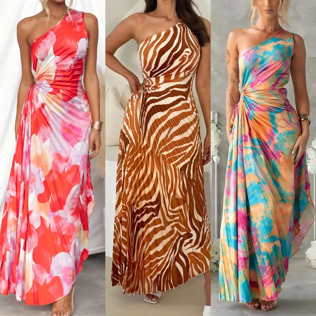 

2025 Summer Design Lace-up Fold-down Printed One-shoulder Sleeveless Dress Europe and America