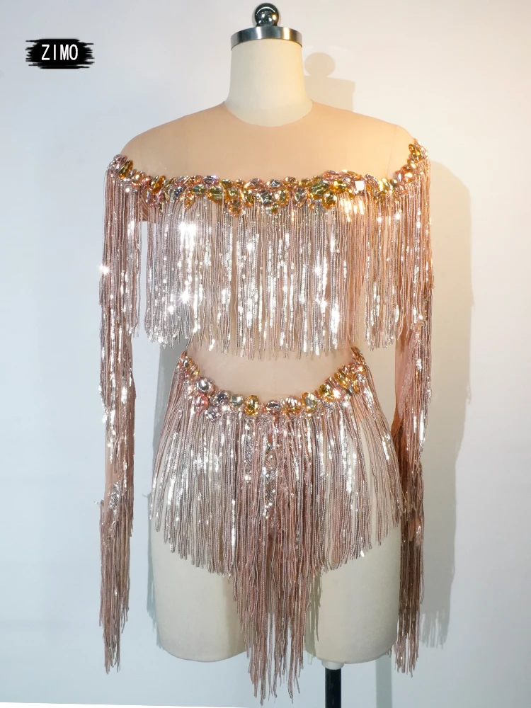 

Sequined Diamond Tassel Onepiece Performance Costume Birthday Celebration Party Singer Bar And Nightclub Performance Costume