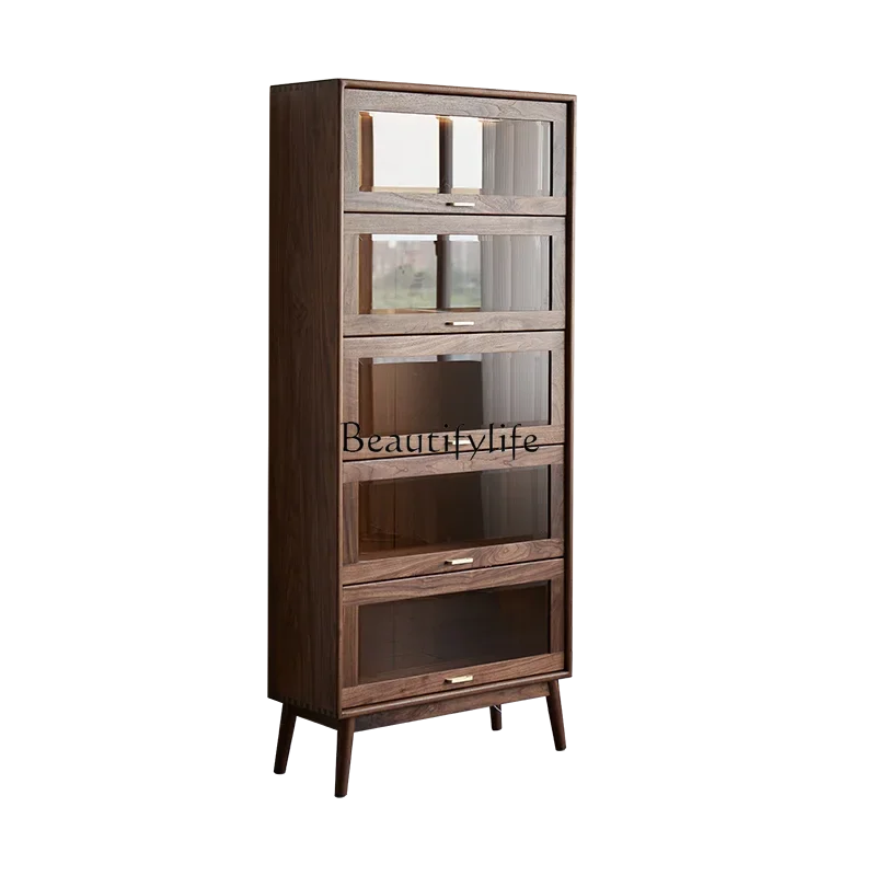 

yj21 North American Black Walnut Solid Wood Bookcase Multifunctional Storage Simple Modern Wine Cabinet with Light